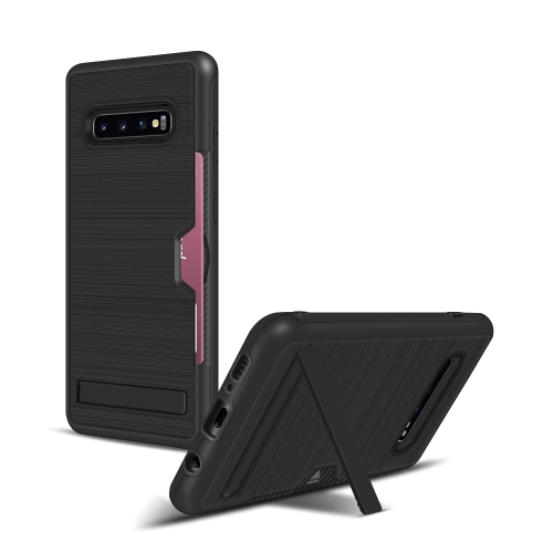 

TPU + PC Brushed Texture Protective Back Cover Case for Galaxy S10+,with Card Slot & Holder (Black)