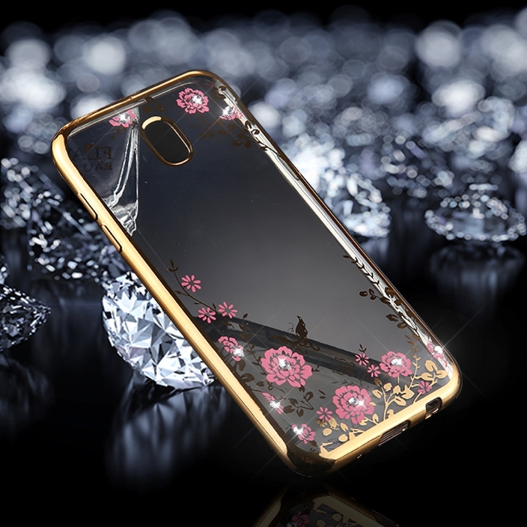 

For Galaxy J7 (2017) (EU Version) Flowers Pattern Diamond Encrusted Electroplating Soft TPU Protective Cover Case (Gold)