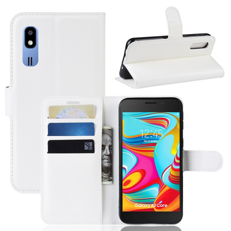 

Litchi Texture Horizontal Flip Leather Case for Galaxy A2 Core, with Wallet & Holder & Card Slots (White)