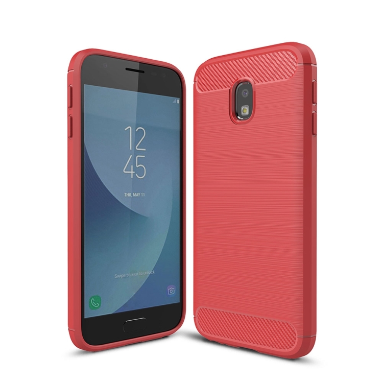 

For Galaxy J330 / J3 Pro (EU Version) Brushed Texture Carbon Fiber Shockproof TPU Rugged Armor Protective Case(Red)