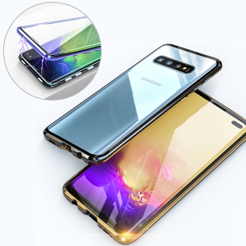 

UltUltra Slim Double Sides Magnetic Adsorption Angular Frame Tempered Glass Magnet Flip Case for Galaxy S10, Screen Fingerprint Unlock Is Not Supported(Black Gold)