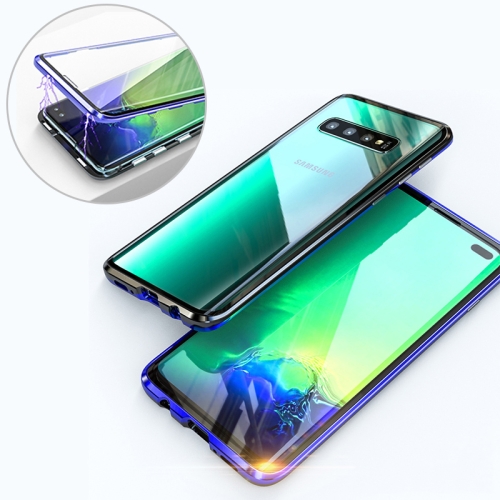 

Ultra Slim Double Sides Magnetic Adsorption Angular Frame Tempered Glass Magnet Flip Case for Galaxy S10+, Screen Fingerprint Unlock Is Not Supported(Black Blue)