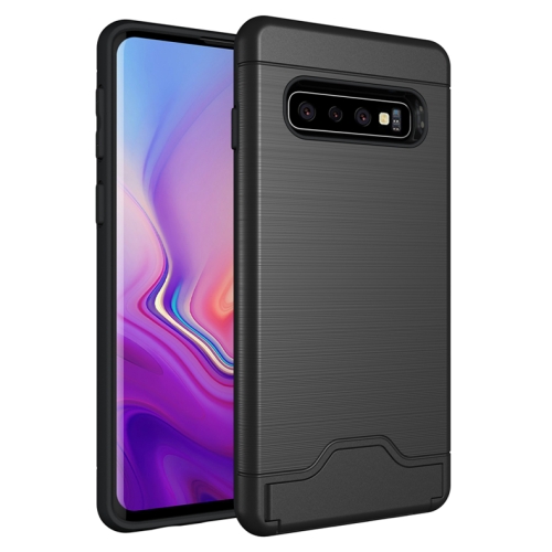 

Ultra-thin TPU+PC Brushed Texture Shockproof Protective Case for Galaxy S10, with Holder & Card Slot (Black)