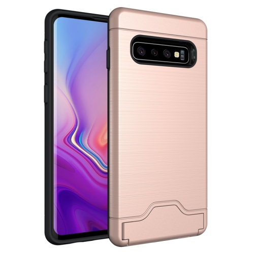 

Ultra-thin TPU+PC Brushed Texture Shockproof Protective Case for Galaxy S10, with Holder & Card Slot (Rose Gold)
