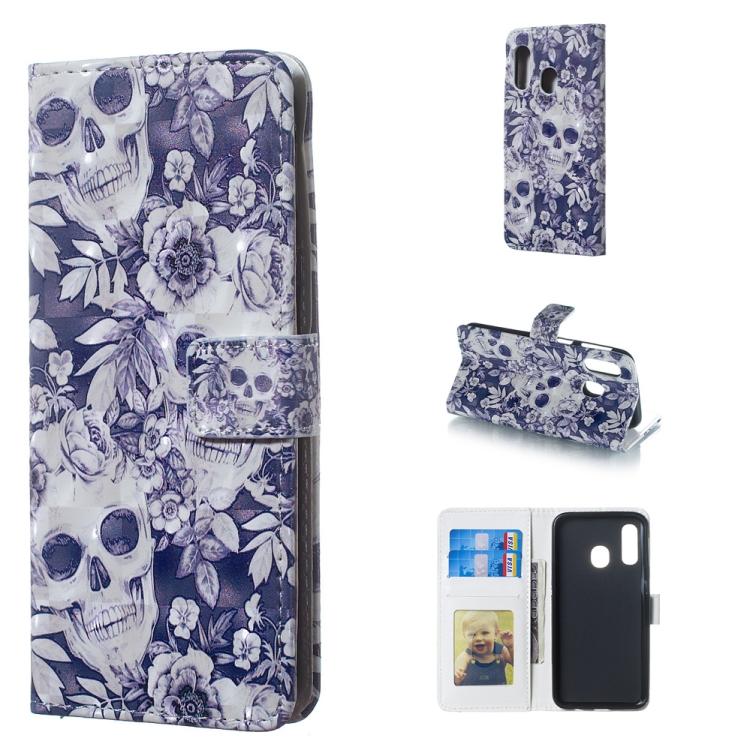 

Skull and Flower Pattern 3D Horizontal Flip Leather Case for Galaxy A40, with Holder & Card Slots & Photo Frame & Wallet