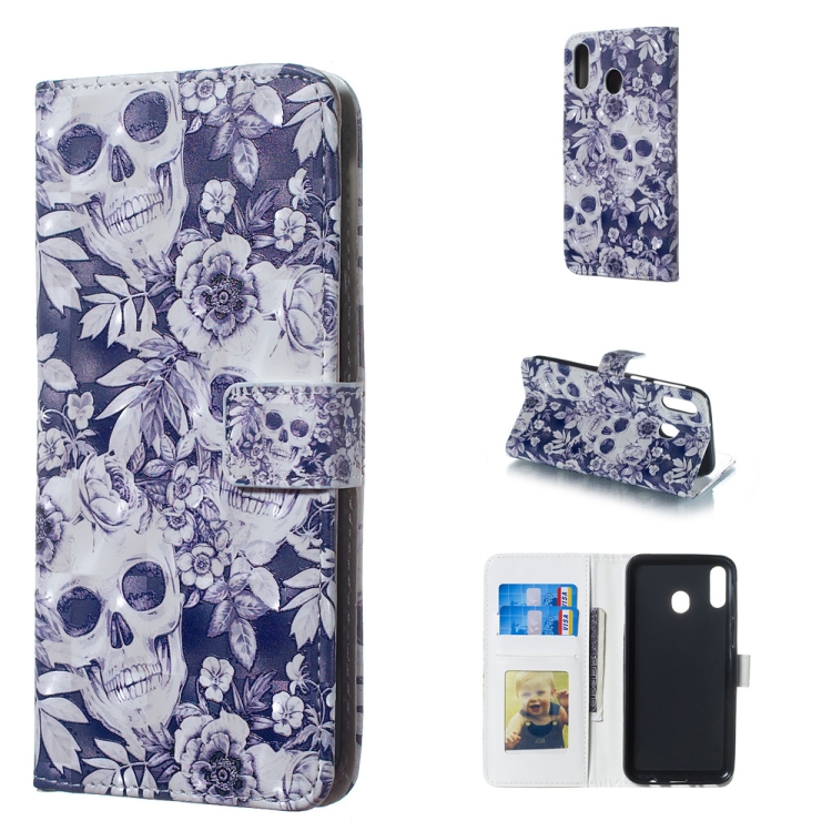 

Skull and Flower Pattern 3D Horizontal Flip Leather Case for Galaxy M20, with Holder & Card Slots & Photo Frame & Wallet