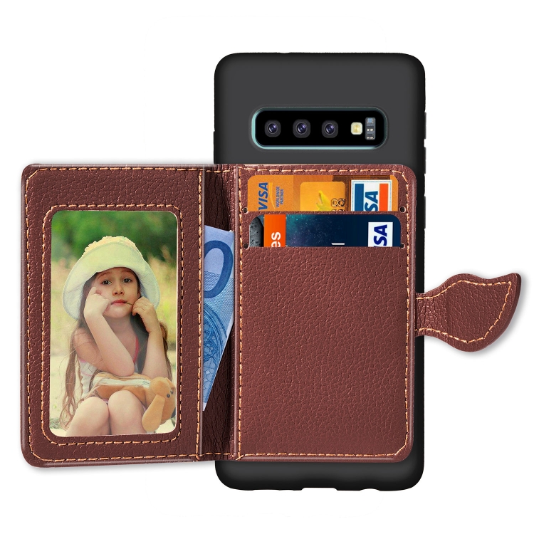 

Leaf Magnetic Snap Litchi Texture TPU Protective Case for Galaxy S10, with Card Slots & Holder & Wallet(Black)