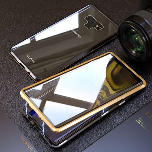 

Ultra Slim Double Sides Magnetic Adsorption Angular Frame Tempered Glass Magnet Flip Case for Galaxy Note9(Black Gold)