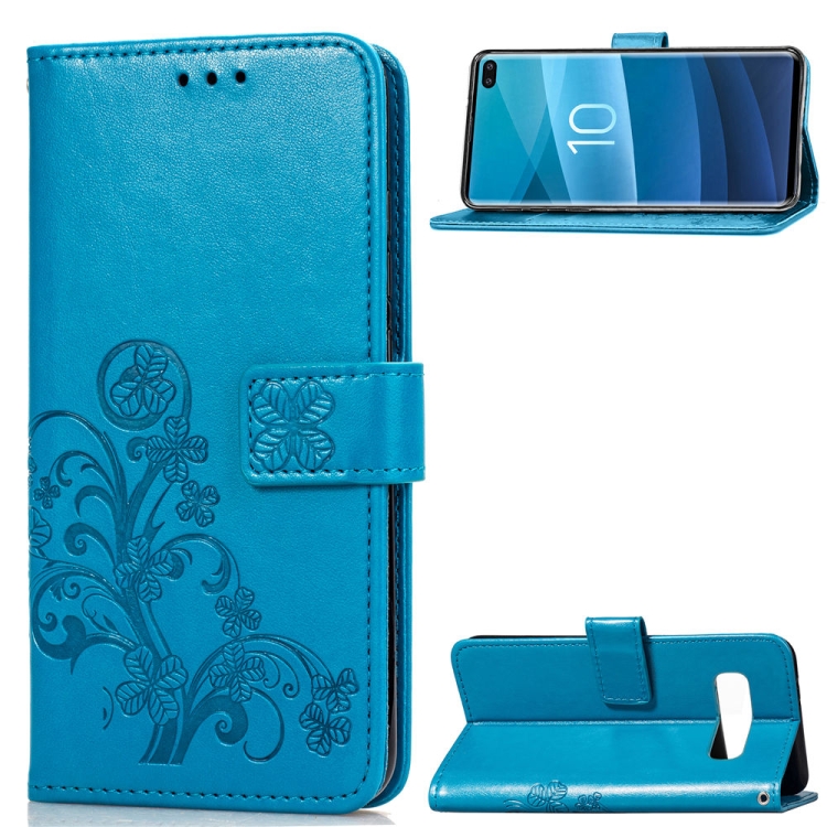 

Lucky Clover Pressed Flowers Pattern Leather Case for Galaxy S10+, with Holder & Card Slots & Wallet & Hand Strap(Blue)