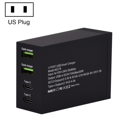 

F9 50W 2 QC 3.0 USB Ports + 2 USB-C / Type-C Ports Smart Charger, US Plug