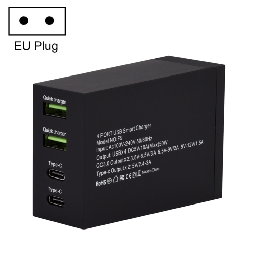 

F9 50W 2 QC 3.0 USB Ports + 2 USB-C / Type-C Ports Smart Charger, EU Plug
