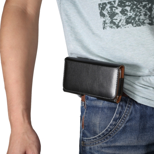 

Men Glossy Texture Portable Mobile Phone Back Buckle Transverse Sleeve Waist Pack Leather Case for 6.3 Inch or Below Smartphones(Black)