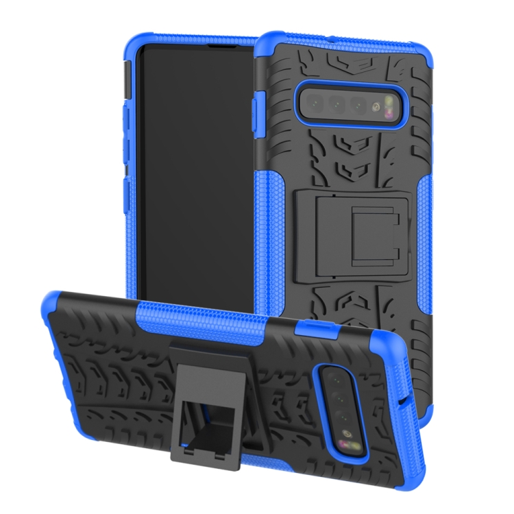 

Tire Texture TPU+PC Shockproof Case for Galaxy S10+, with Holder (Blue)