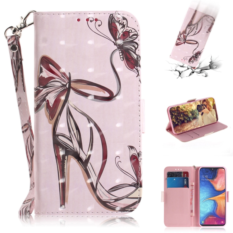 

3D Colored Drawing Butterfly High-heeled Shoes Pattern Horizontal Flip Leather Case for Galaxy A20e, with Holder & Card Slots & Wallet