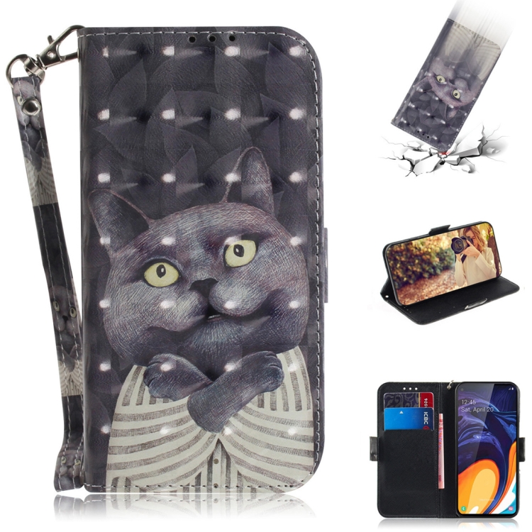 

3D Colored Drawing Hug Cat Pattern Horizontal Flip Leather Case for Galaxy A60, with Holder & Card Slots & Wallet