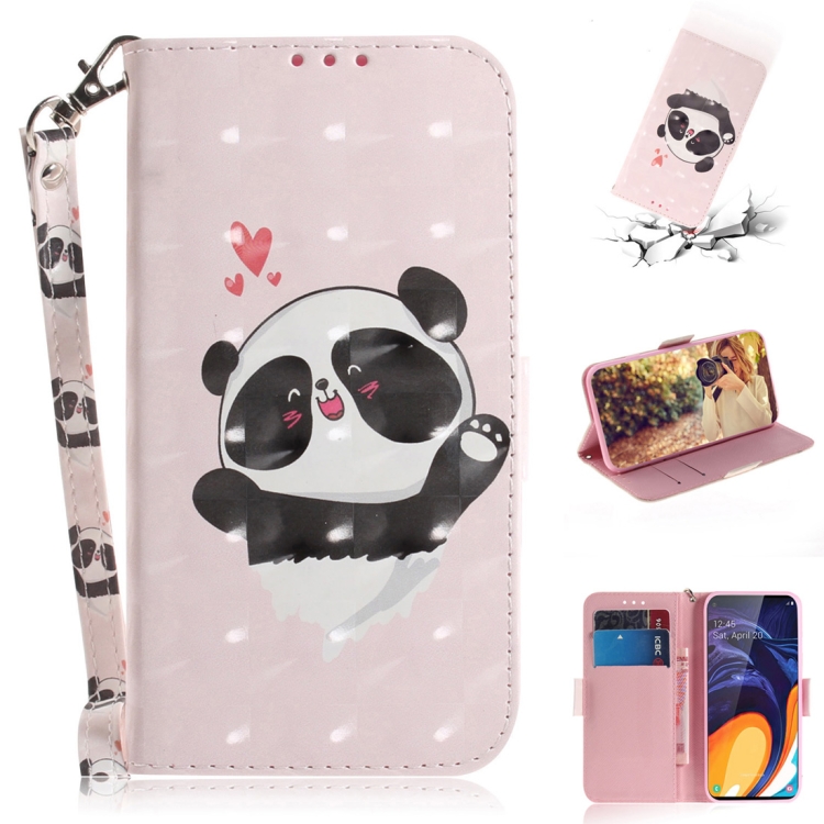 

3D Colored Drawing Heart Panda Pattern Horizontal Flip Leather Case for Galaxy A60, with Holder & Card Slots & Wallet