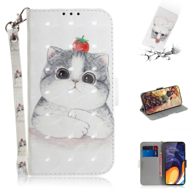 

3D Colored Drawing Cute Cat Pattern Horizontal Flip Leather Case for Galaxy A60, with Holder & Card Slots & Wallet