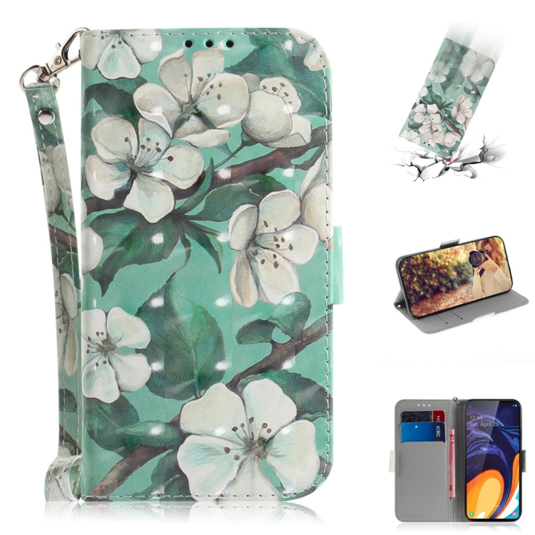 

3D Colored Drawing Watercolor Flower Pattern Horizontal Flip Leather Case for Galaxy A60, with Holder & Card Slots & Wallet