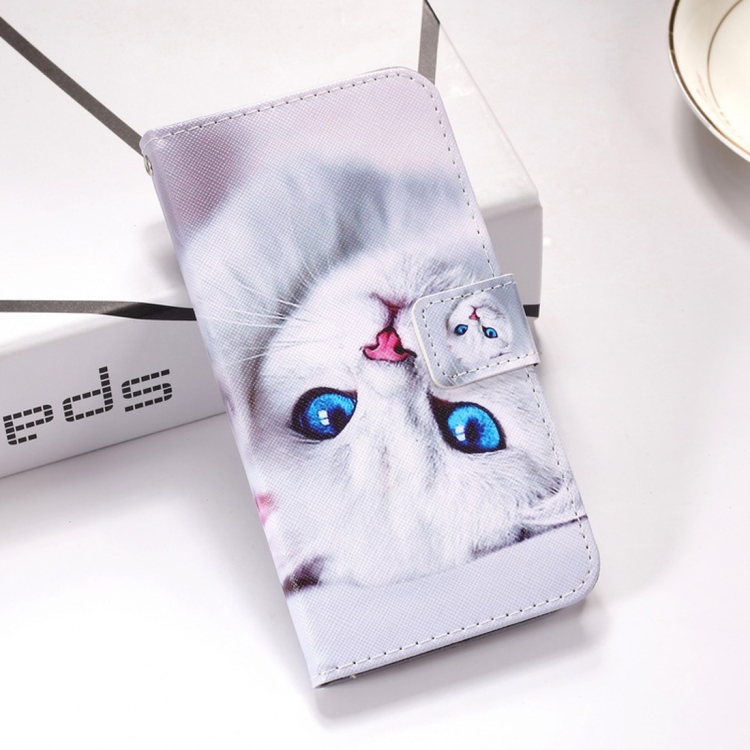 

White Cat Pattern Colored Drawing Horizontal Flip Leather Case for Galaxy S10e, with Holder & Card Slots & Wallet & Lanyard