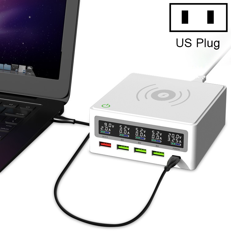 

6 in 1 QC 3.0 USB Interface + 3 USB Ports + PD 65W Ports + QI Wireless Fast Charging Multi-function Charger with LED Display, US Plug(White)