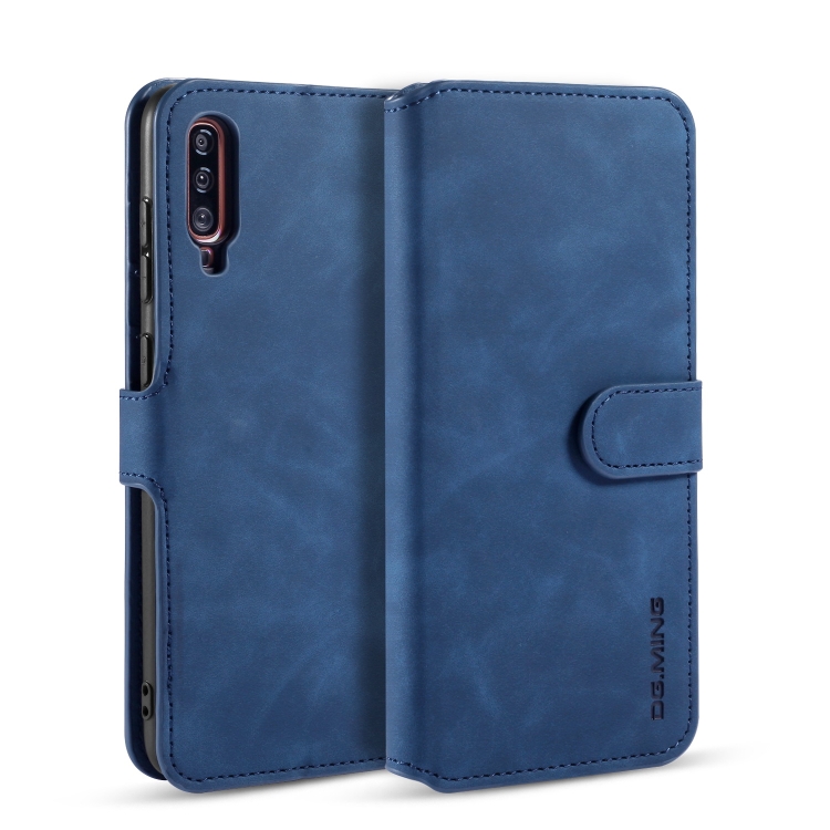 

DG.MING Retro Oil Side Horizontal Flip Case for Galaxy A70, with Holder & Card Slots & Wallet (Blue)