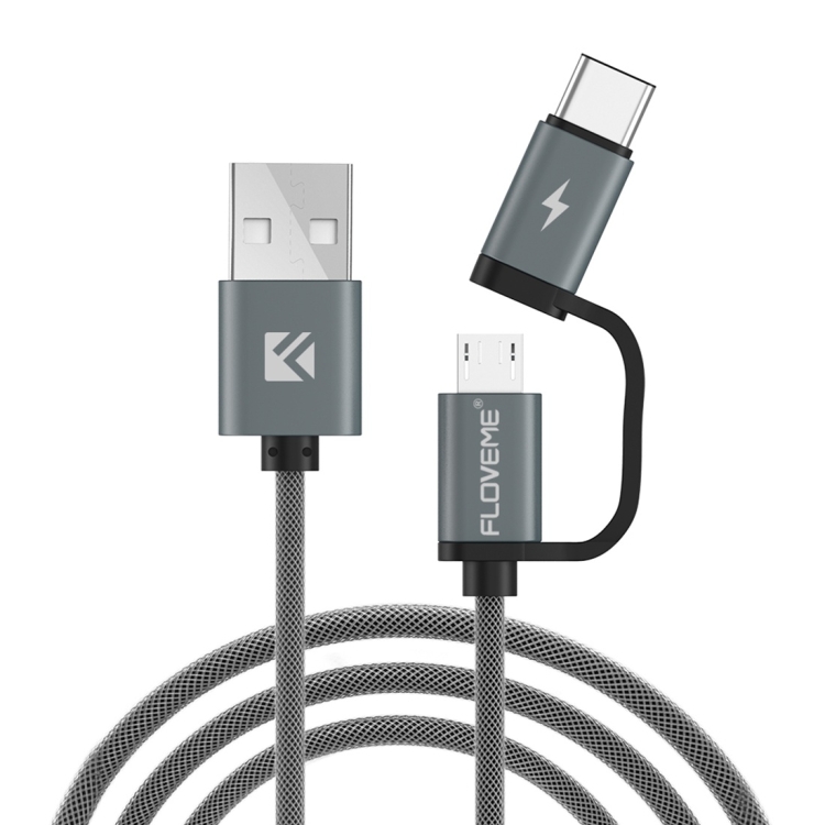 

FLOVEME 0.8m 2 in 1 PVC + Copper Core 2.8A QC3.0 Micro USB & USB-C / Type-C to USB Data Sync Charging Cable, For Galaxy, Huawei, Xiaomi, LG, HTC and Other Smart Phones, Rechargeable Devices(Grey)