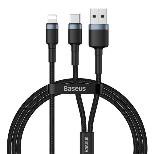 

Baseus CATKLF-ELG1 Cafule 2 in 1 PD 8 Pin to USB + USB-C / Type-C Fast Charging + Data Transmission Nylon Braided Data Cable, Length: 1.2m(Black Grey)