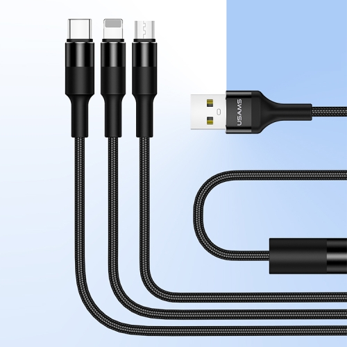 

USAMS US-SJ219 U5 1.5m 3 In 1 USB to 8 Pin + Micro USB + USB-C / Type-C Braided Data Sync Charging Cable (Black)