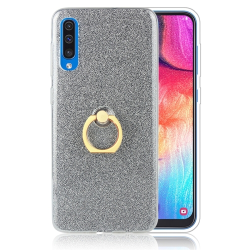 

Glittery Powder Shockproof TPU Protective Case for Galaxy A50, with 360 Degree Rotation Ring Holder(Black)
