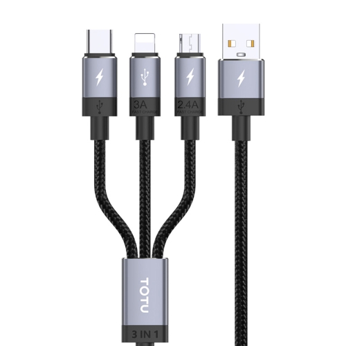 

TOTUDESIGN B3B-004 Speedy Sereis 3.5A USB to 8 Pin + Micro USB + USB-C / Type-C Fast Charging Data Sync Cable, Length: 1.2m(Grey)