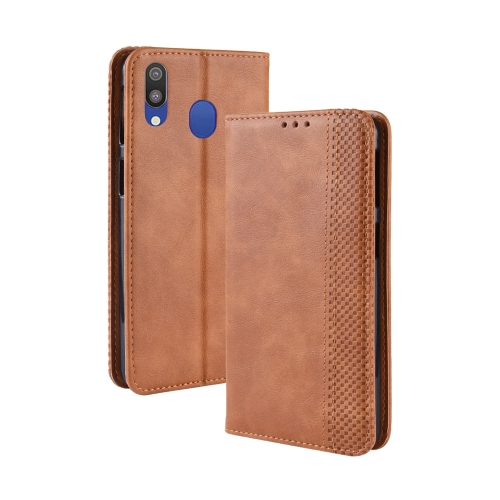 

Magnetic Buckle Retro Texture Horizontal Flip Leather Case for Galaxy M20, with Holder & Card Slots & Wallet (Brown)