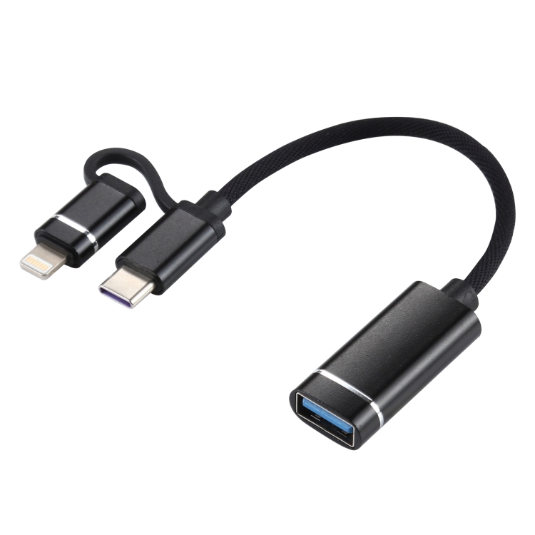 

USB 3.0 Female to 8 Pin + USB-C / Type-C Male Charging + Transmission OTG Nylon Braided Adapter Cable, Cable Length: 11cm(Black)