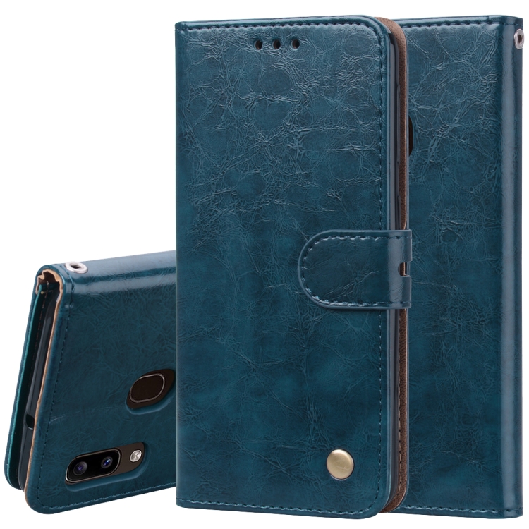 

Business Style Oil Wax Texture Horizontal Flip Leather Case for Galaxy A20e, with Holder & Card Slots & Wallet (Blue)