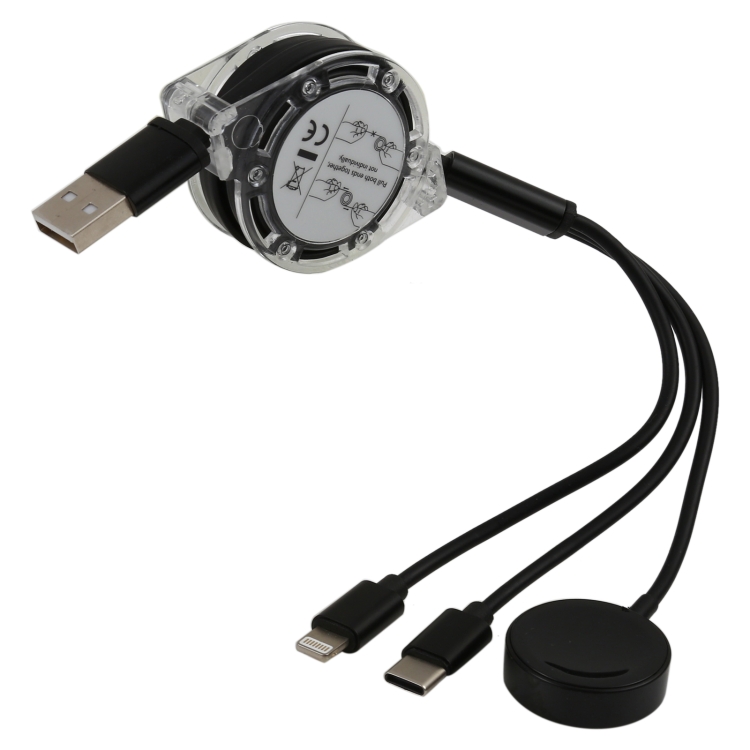 

3 In 1 8 Pin + Type-C / USB-C + Magnetic Charging Base Multi-function Telescopic Charging Cable, Length: 1m (Black)
