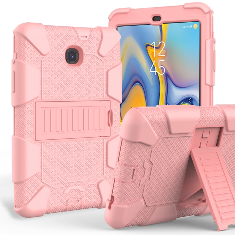 

Shockproof Two-color Silicone Protection Shell for Galaxy Tab A 8.0 (2018) T387, with Holder (Rose Gold)