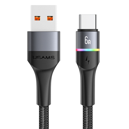 

USAMS US-SJ536 U76 6A Type-C / USB-C Aluminum Alloy Colorful Lights Fast Charging Data Cable, Length: 1.2m(Black)