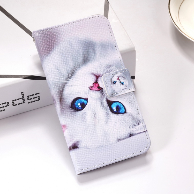 

White Cat Pattern Colored Drawing Horizontal Flip Leather Case for Galaxy J6 Plus, with Holder & Card Slots & Wallet & Lanyard
