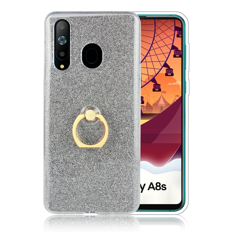

Glittery Powder Shockproof TPU Protective Case for Galaxy A8s, with 360 Degree Rotation Ring Holder (Black)