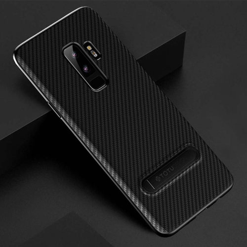 

TOTUDESIGN Slim Series for Galaxy S9+ Carbon Fiber Texture TPU Protective Back Case with Holder (Black)