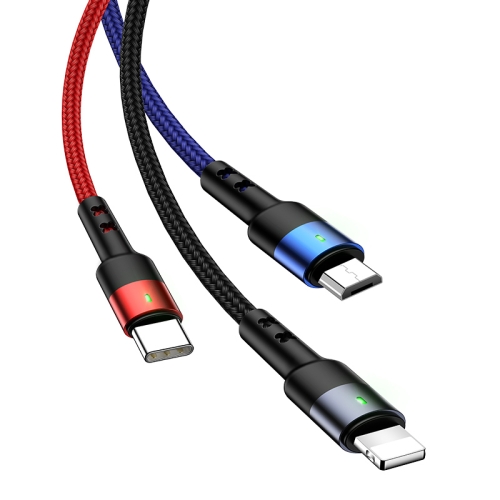 

USAMS US-SJ318 U26 1.5m 2A 3 in 1 USB to 8 Pin + Micro USB + USB-C / Type-C Spring Charging Cable