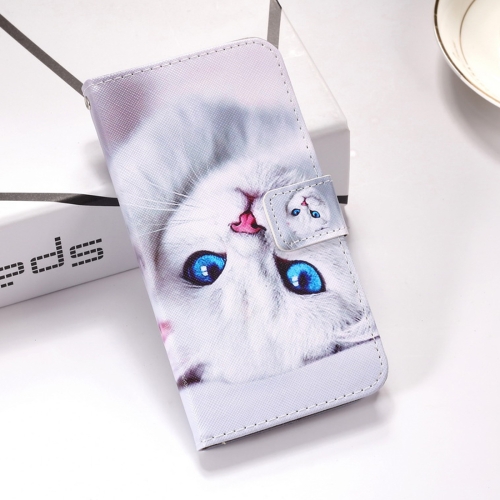 

White Cat Pattern Colored Drawing Horizontal Flip Leather Case for Galaxy A30, with Holder & Card Slots & Wallet & Lanyard