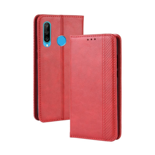 

Magnetic Buckle Retro Crazy Horse Texture Horizontal Flip Leather Case for Galaxy M30, with Holder & Card Slots & Photo Frame(Red)