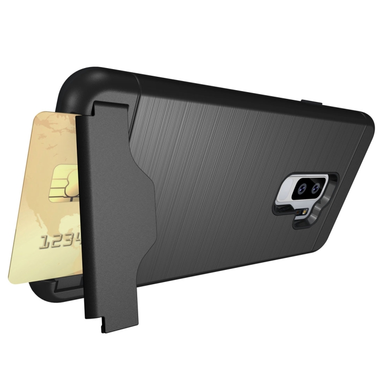 

For Galaxy S9+ Brushed Texture Protective Back Case with Holder & Card Slot(Black)