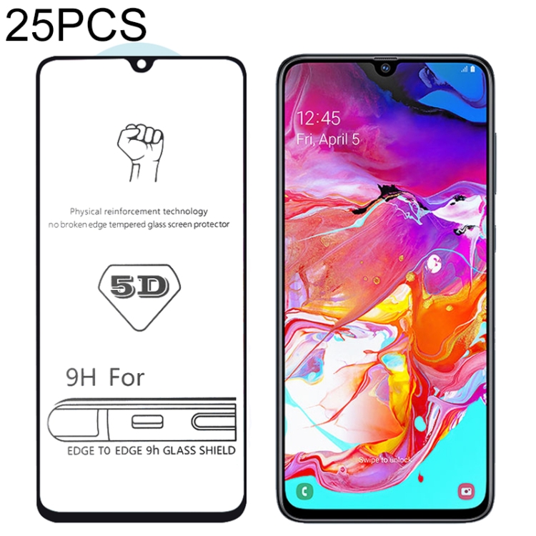 

25 PCS 9H 5D Full Glue Full Screen Tempered Glass Film for Galaxy A70