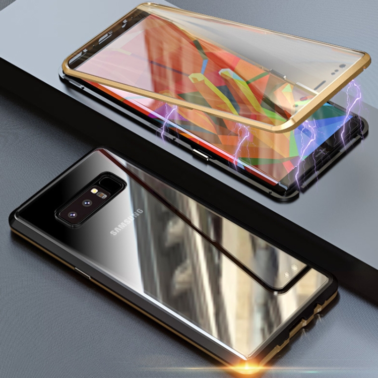 

Ultra Slim Double Sides Magnetic Adsorption Angular Frame Tempered Glass Magnet Flip Case for Galaxy Note8 (Black Gold)
