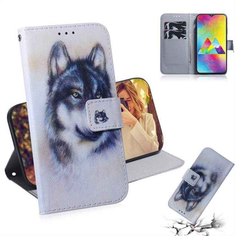 

White Wolf Pattern Coloured Drawing Horizontal Flip Leather Case for Galaxy M20, with Holder & Card Slots & Wallet