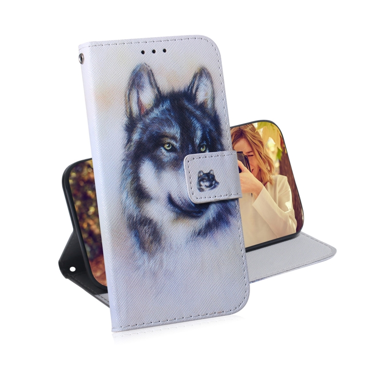 

White Wolf Pattern Coloured Drawing Horizontal Flip Leather Case for Galaxy M10 / A10, with Holder & Card Slots & Wallet
