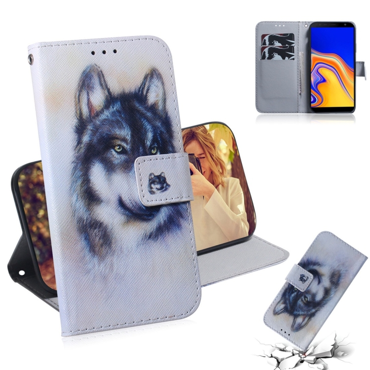 

White Wolf Pattern Coloured Drawing Horizontal Flip Leather Case for Galaxy J4 Plus, with Holder & Card Slots & Wallet