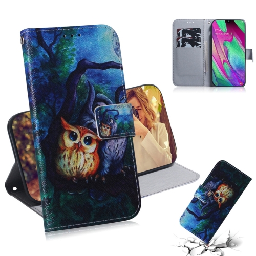 

Oil Painting Owl Pattern Coloured Drawing Horizontal Flip Leather Case for Galaxy A40, with Holder & Card Slots & Wallet