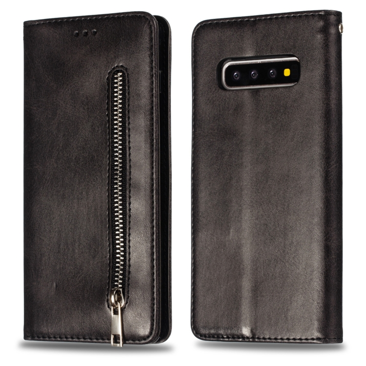 

Calf Texture Zipper Magnetic Horizontal Flip Leather Case for Galaxy S10+, with Wallet & Holder & Card Slots (Black)